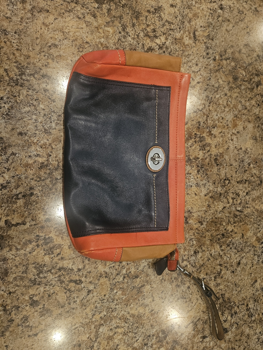 Coach Leather Wristlet Clutch in Navy, Orange & Tan
